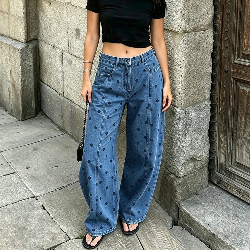 

Women's Y2k Vintage Polka Dot Print Jeans High Waist Loose Fit Harem Denim Long Pants Vintage Boyfriend Bloomer Jeans Streetwear