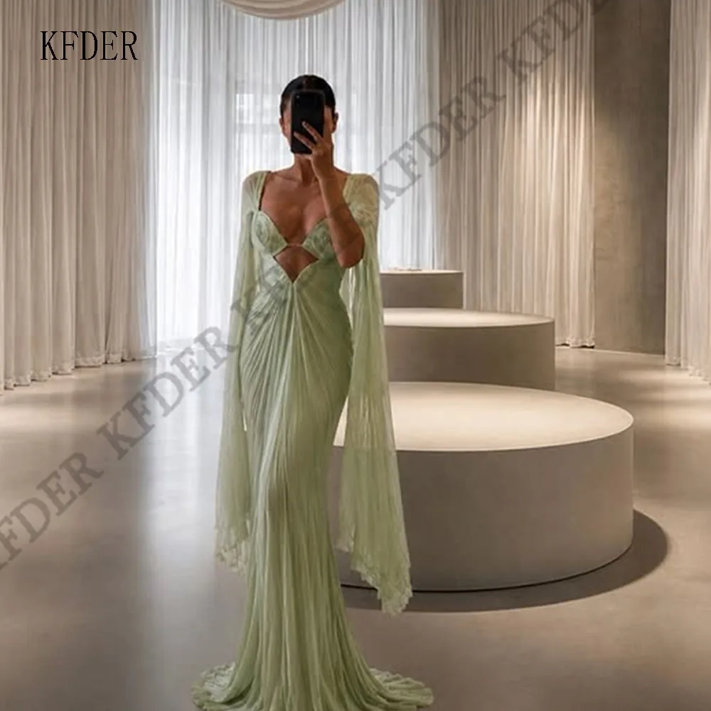 Elegant Sage Green Mermaid Prom Dresses Pleated Cut-out Flare Sleeve Maxi Evening Dresses vestidos de fiesta Customized