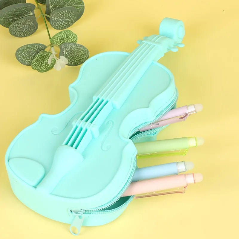 Estojo de lápis de violino com recortes de notas musicais, caixa de caneta de silicone fofa e bolsa de maquiagem, presente para amantes de música, decoração de escritório escolar