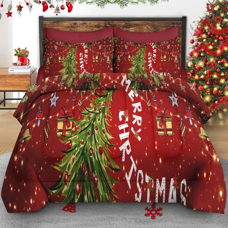 

Christmas tree duvet set Extra large pine plant retro red soft bedding children's and adult bedroom bed decoration