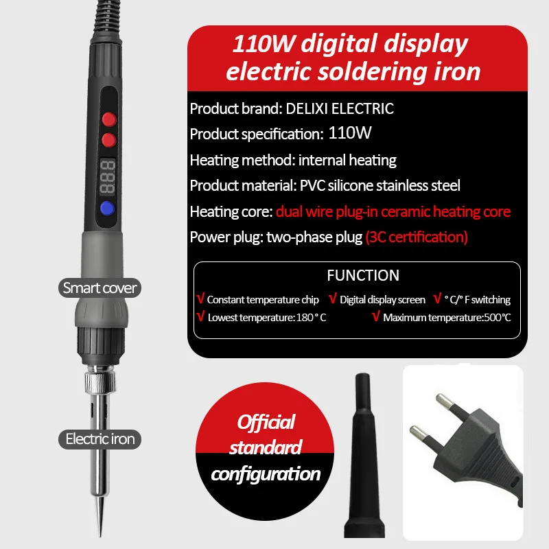 DELIXI ELECTRIC 110W Soldering Iron，180℃~500℃Wide Area Adjustable Temperature 20Second Rapid Heating，for Solder Wire and Repair