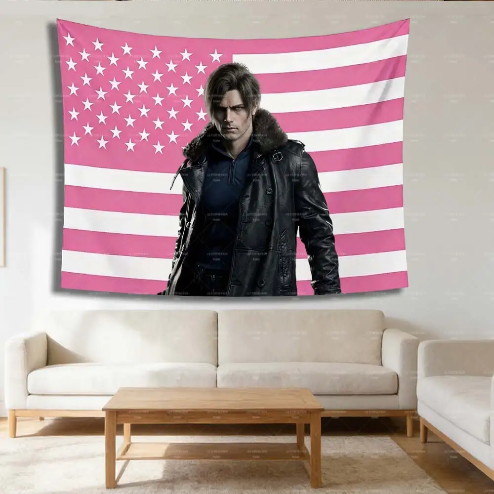 R-Resident Evil Leon K-Kennedy Pink US Flag Large Tapestry, Large Wall Tapestry for Bedroom Dorm, RE4 Fan Decor