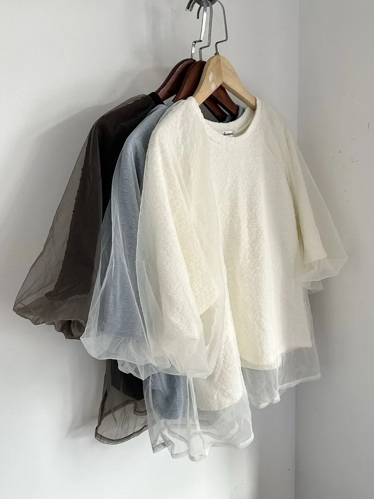 

Женская футболка больших размеров, летняя, свободного кроя, двухслойная, с эффектом омоложения, с рукавами-фонариками, сетчатый топ, универсальный, в корейском стиле, и Pear B...