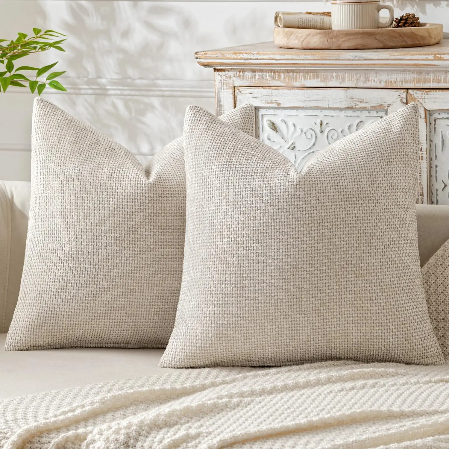 

Pack of 2 Beige Decorative Pillow Covers 18x18 Inch Neutral Soft Chenille Couch Throw Pillows Boho Farmhouse Cushion Covers for