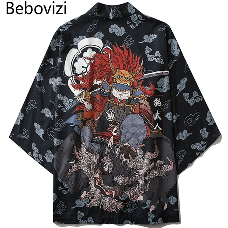 Bebovizi Japanese Style Cat Samurai Kimono Streetwear Men Women Cardigan Japan Harajuku Anime Robe Anime Clothes 2023 Summer