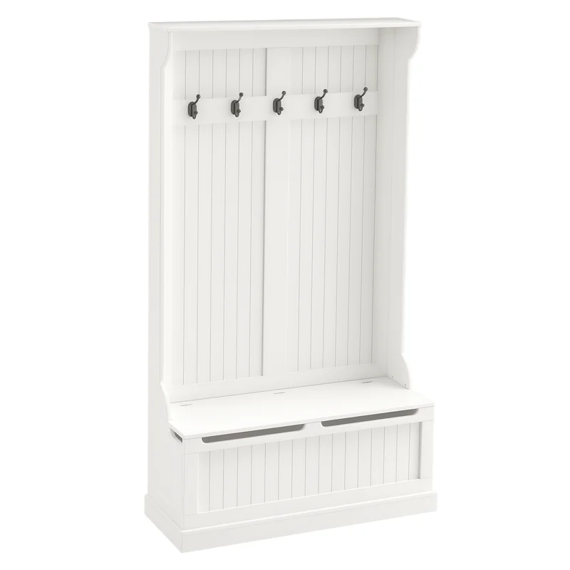 

Coat Rack with Bench, 5 Coat Hooks, 1 Storage Space, Wall Coat Rack, White+Black