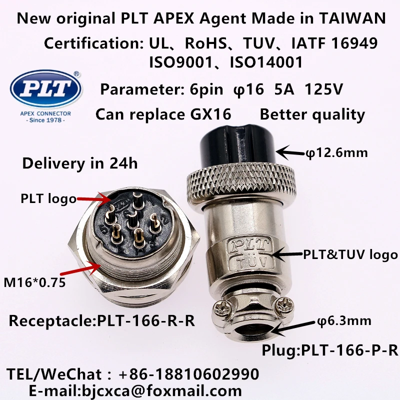 PLT-166-R-R PLT-166-P-R APEX 6pin Male Female φ16 Circular Aviation Socket Plug Wire Pane Connector Made in TAIWAN RoHS UL TUV