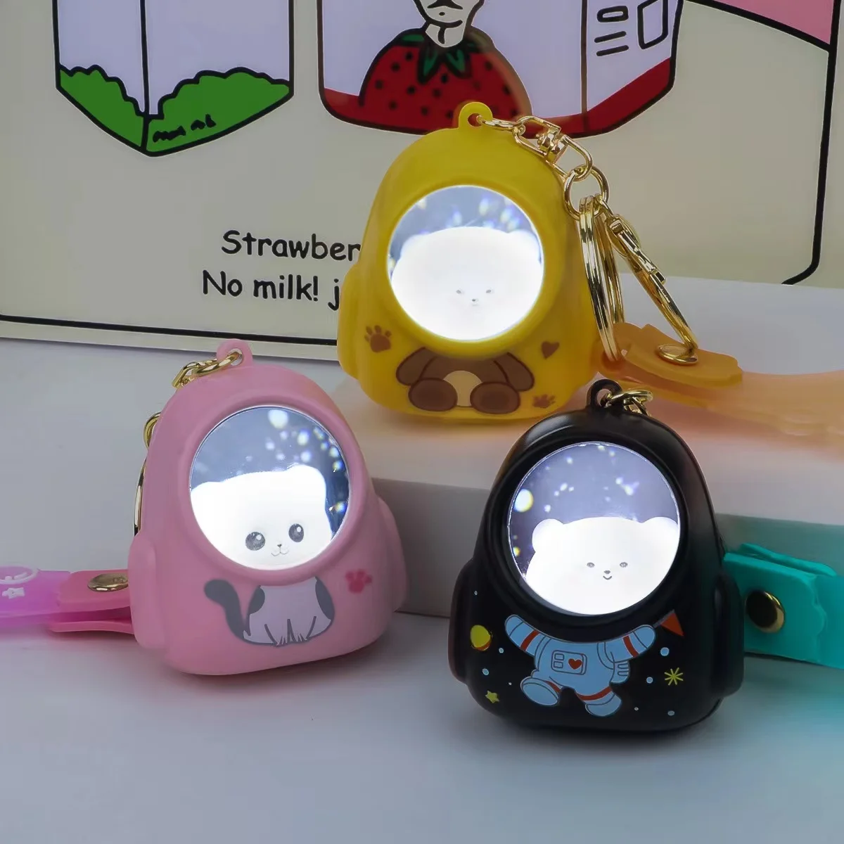 LED Night Light Keychain Cartoon Animal Backpack Lights Key Chain Creative Car Key Pendant Fun Bag Charm Cute Key Ring Ornaments