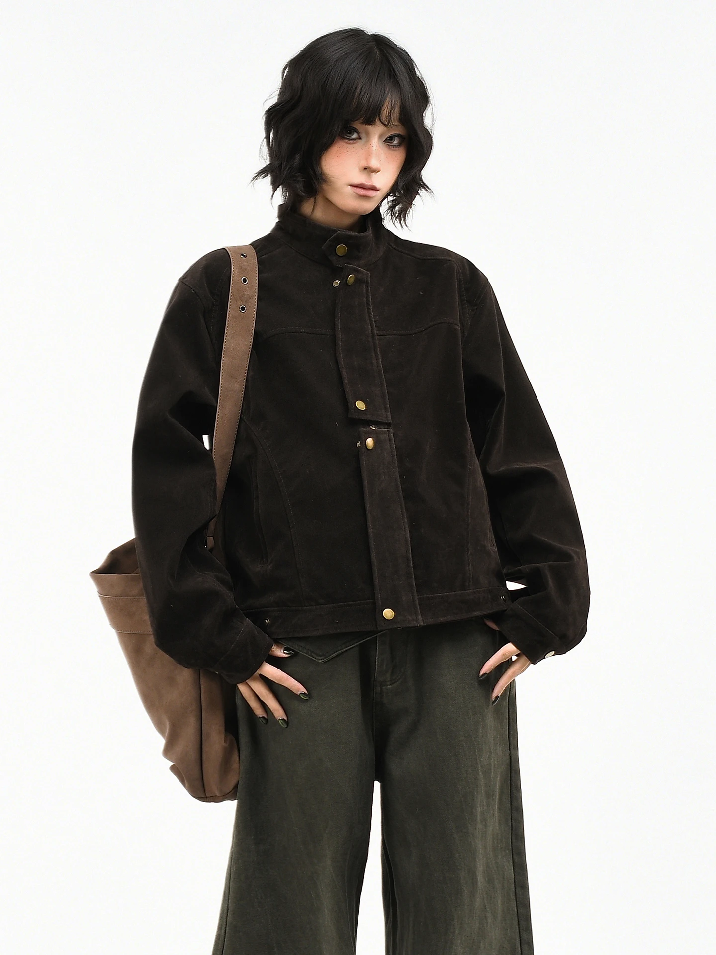 OV オリジナル アメリカン バーン スタイル ショート パッド入りジャケット レディース ルーズフィット ベルベットカラー 春シーズン レトロ ハリントン コート