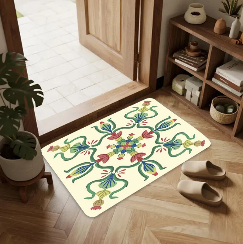 Vintage Floral Print Doormat Bohemian Style Non-Slip Floor Mat Soft Entryway Rug for Front Door Bathroom Kitchen