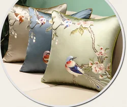 Chinese Style Rose Pattern Silk Cushion Cover Chinese Style Coffee Lack Blue Pillowcases Luxury Birds Flowers Pillow Cover