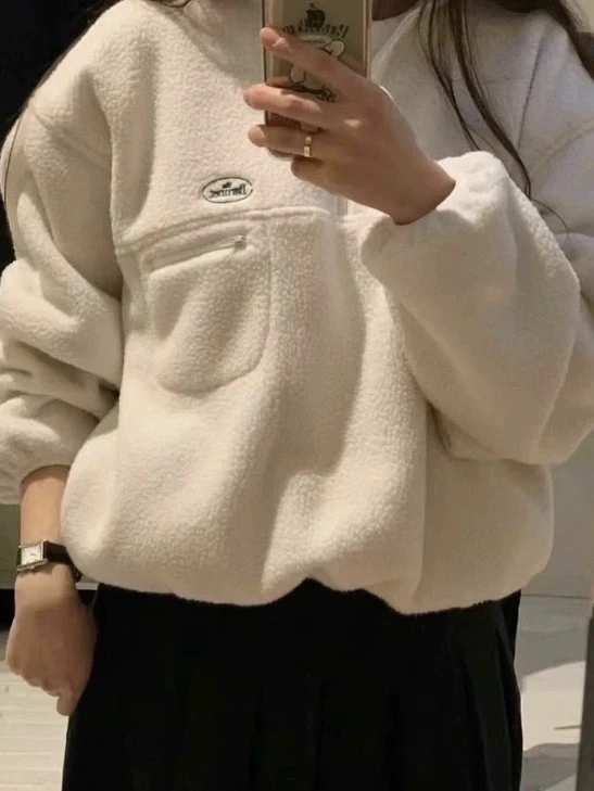 Korean Sle Thebarnnet Women's Sweatirt Letter Embroidery f Zipper Fce Jaet Sweet Sle Loose Fit Regular Length