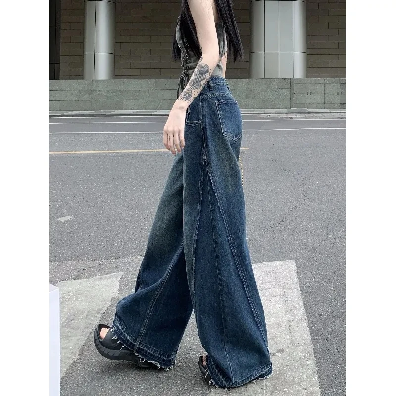 Blue High Waist Women Jeans Hip-hop Style Fashion Vintage Streetwear Y2K Wide Leg Jean 2024 Female Trouser Baggy Denim Pants