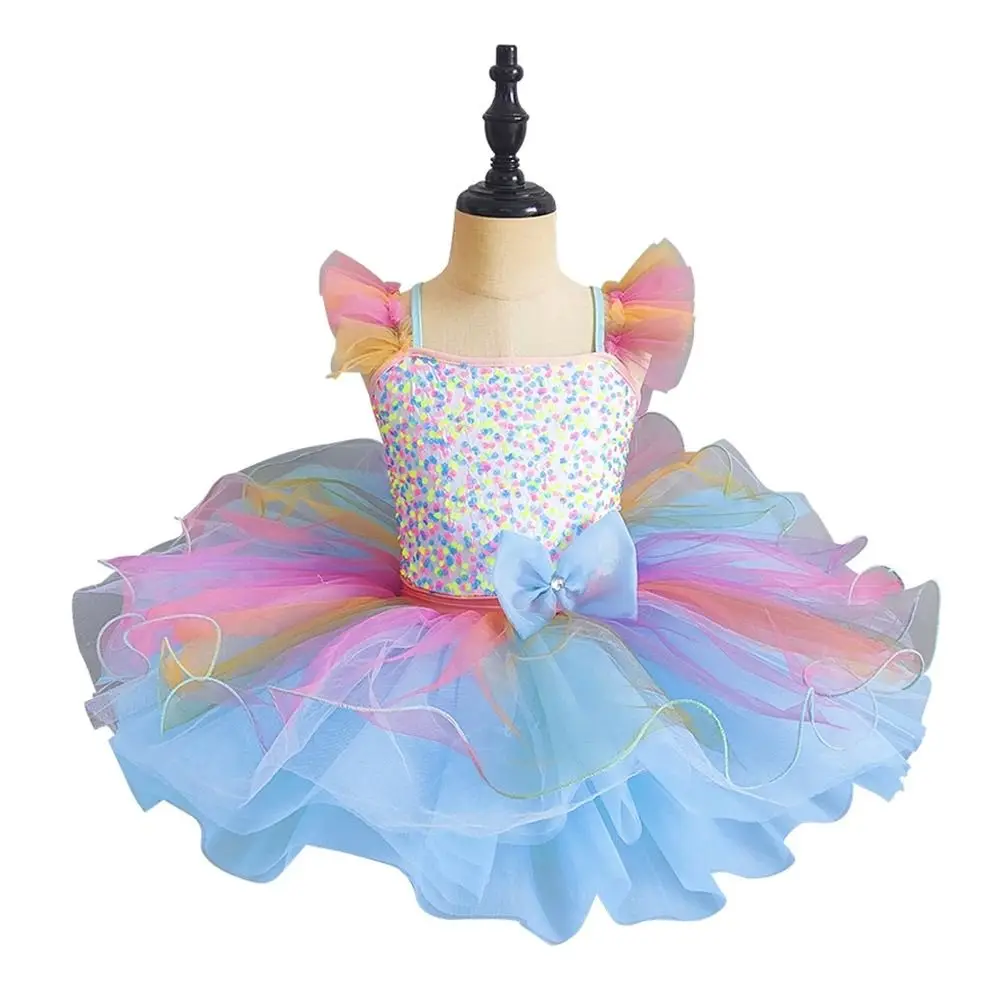 Fashion Sequin Kids Ballet Dress Rainbow Color Professional Performance Clothes Party Dress Puffy Dance Costumes Kids Girls