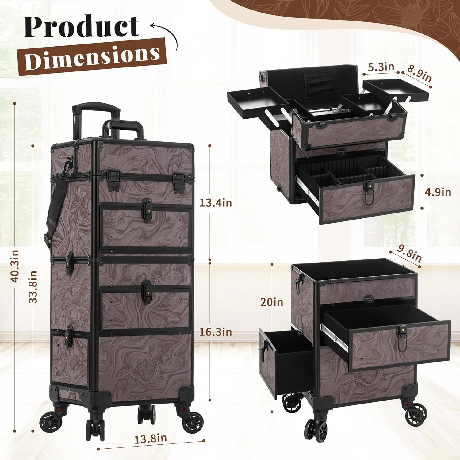 Rolling Makeup Cases with 3 Drawers Cosmetology Luggage on Wheels 5IN1 Makeup Train Case Make Up Organizer for Artist Salon Nail