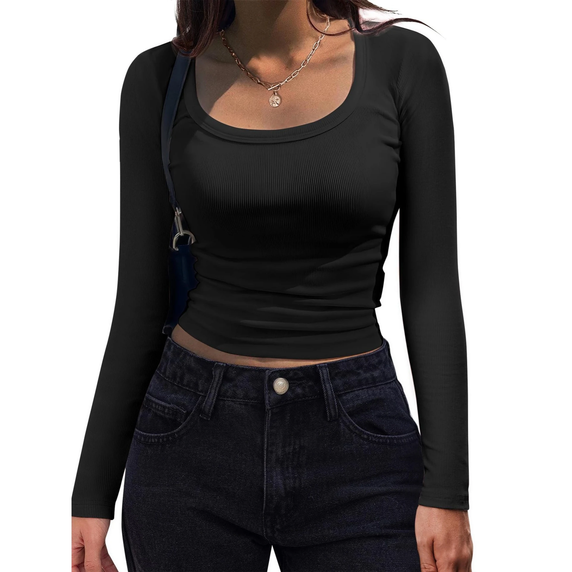 2024 New Style Slim Fit Long Sleeve Square Collar T-Shirt Women's Cross-Border Fashion Casual Knitted  Color Top