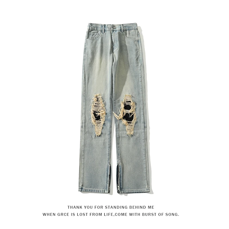 Washed Denim Jeans High Street Style Trend Hole Denim Jeans Leg Open Zip Design Straight Trousers American Men Trousers