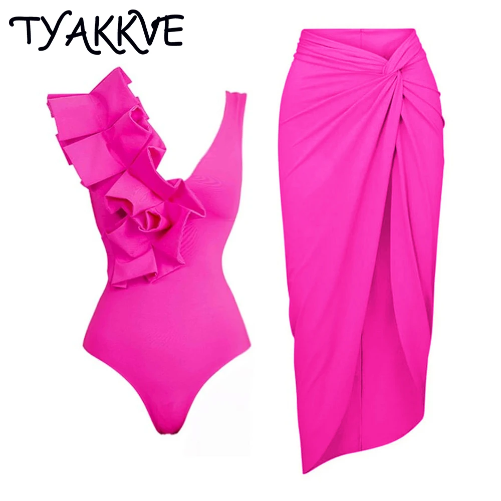 TYAKKVE One Piece Swimsuit 2024 Sexy Fashion  Solid 3D Flower Summer Women Swimwear Beachwear Dress Luxury Monokini Bathing Suit