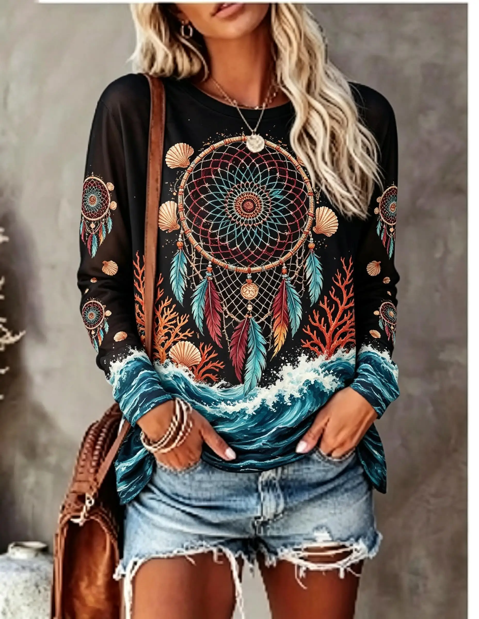 Women's Crew Neck Long Sleeve T-shirt Boho Dreamcatcher Ocean Wave Shell Print Casual Top