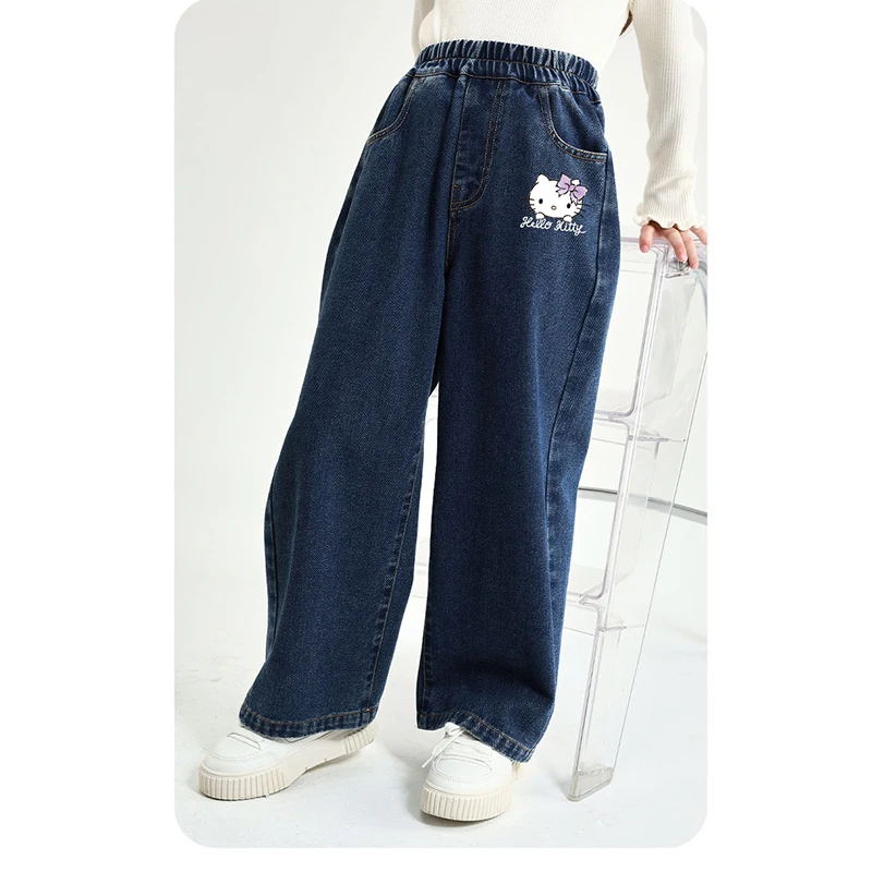 Hello Kitty Girl Jeans Spring Autumn Child Wide Leg Pants Sanrio Kawaii New Straight Pants Printing Loose Cartoon Casual Pants