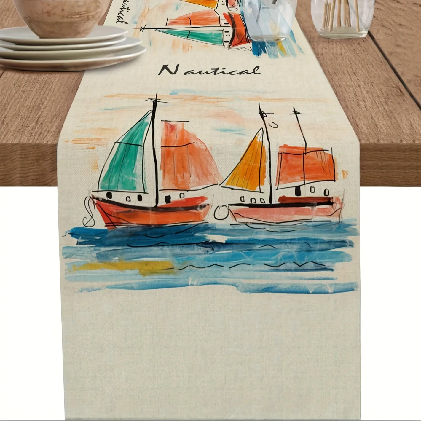 1pc of a Long Linen Table Runner Featuring a Watercolor Ship Design, Perfect for Coastal-Themed ,Wedding Table Decorations.