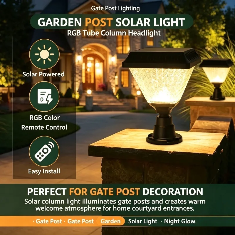 Solar LED Gate Post Lamp, RGB Tube Light with Remote Control and Column Base for Yard Entrances, Terraces and Garden Lighting