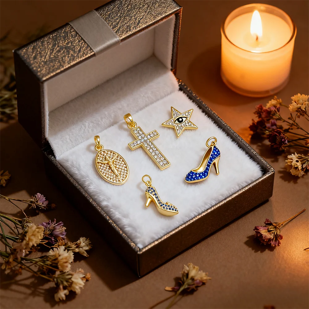 

2Pcs Pendants for Women Men Jewelry Making DIY Jewelry Brass Cubic Zirconia Charms High Heel Jesus Evil Eye Star Fashion Charms