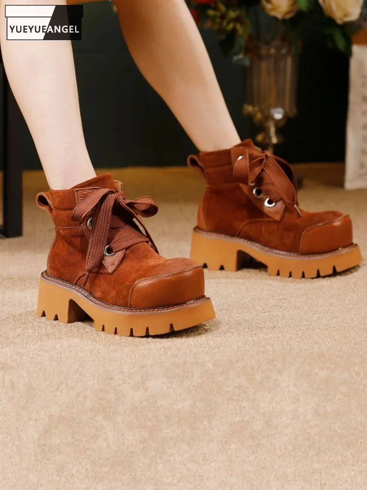 

Осенне-зимние модные женские удобные лоскутные ботильоны из коровьей замши на толстой платформе, женская обувь ручной работы на высоком каблуке