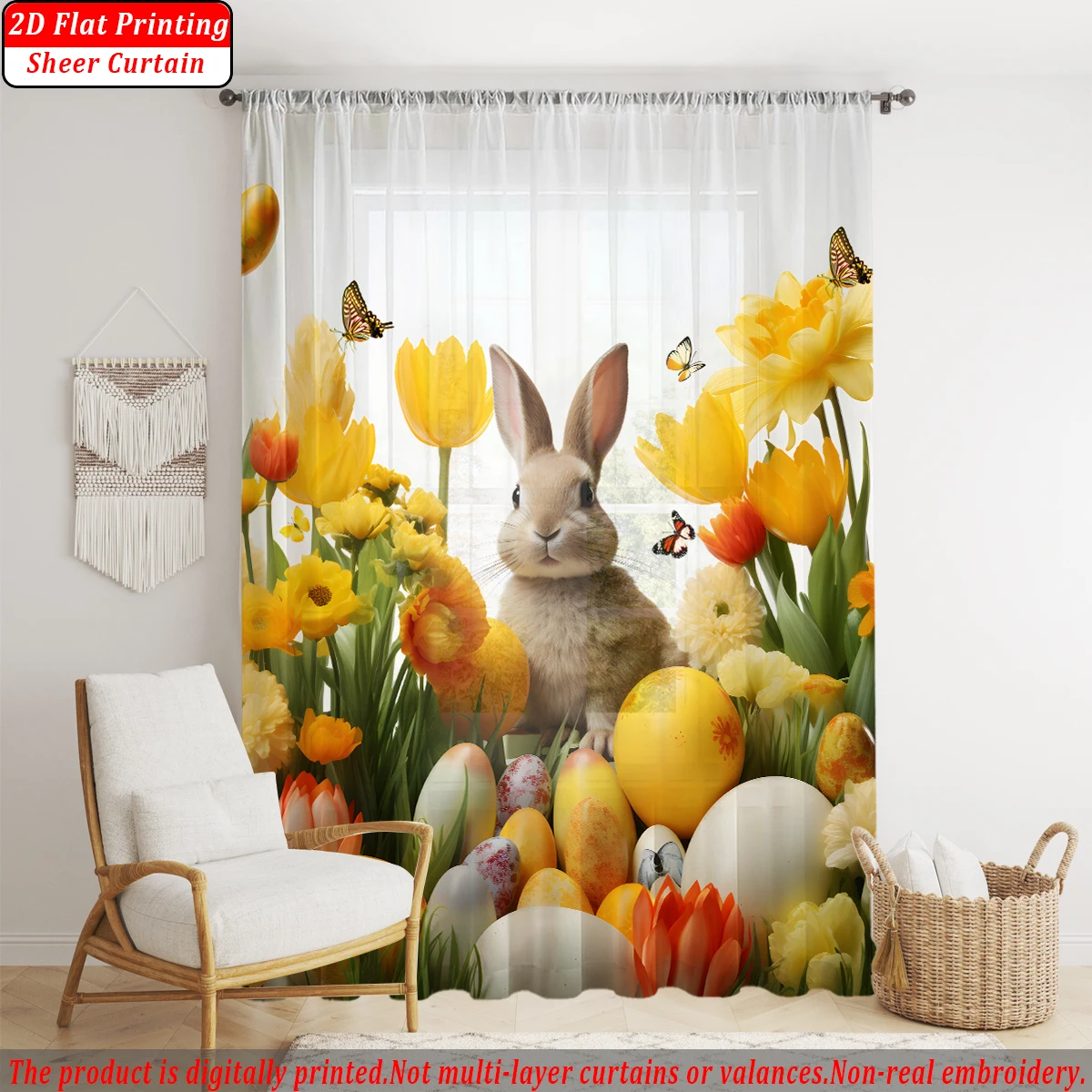 Rabbit Easter Egg Butterfly Flower Flat Printing Sheer Curtain，Light Fabric，for Living Room Bedroom Home Door and Window Decor