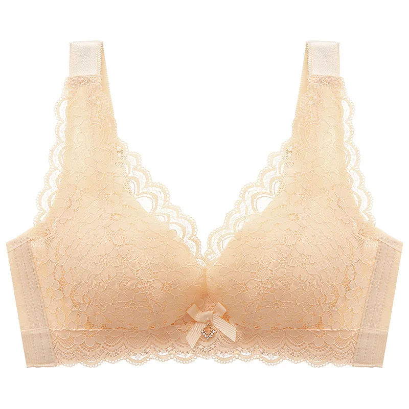 

Lace Underwear Women's Small Chest Gathered Beautiful Back Middle Mold Cup Bra No Underwire Vest Style Widened Strap Bra