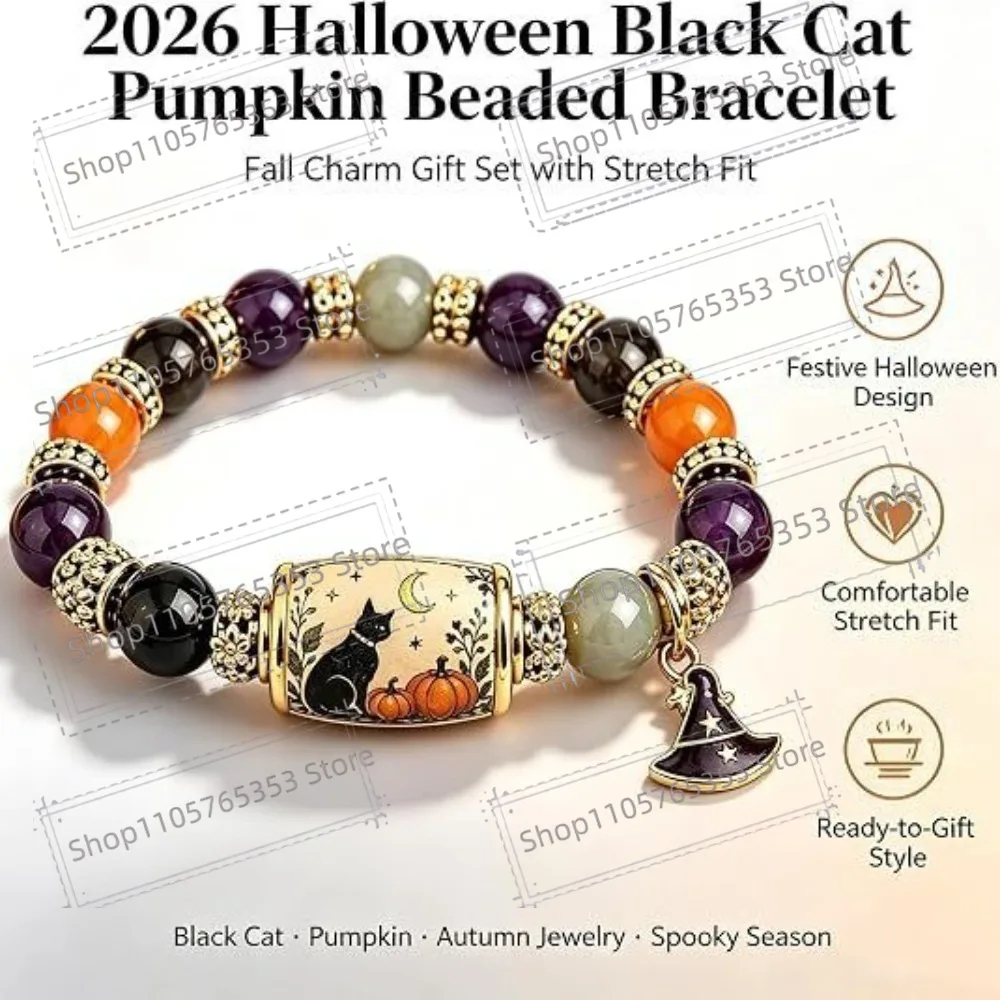 2026 Christmas Magic Collection Bracelet,Halloween Black Cat Pumpkin Crystal Beaded Bracelet Elastic Bracelet for Party Favors