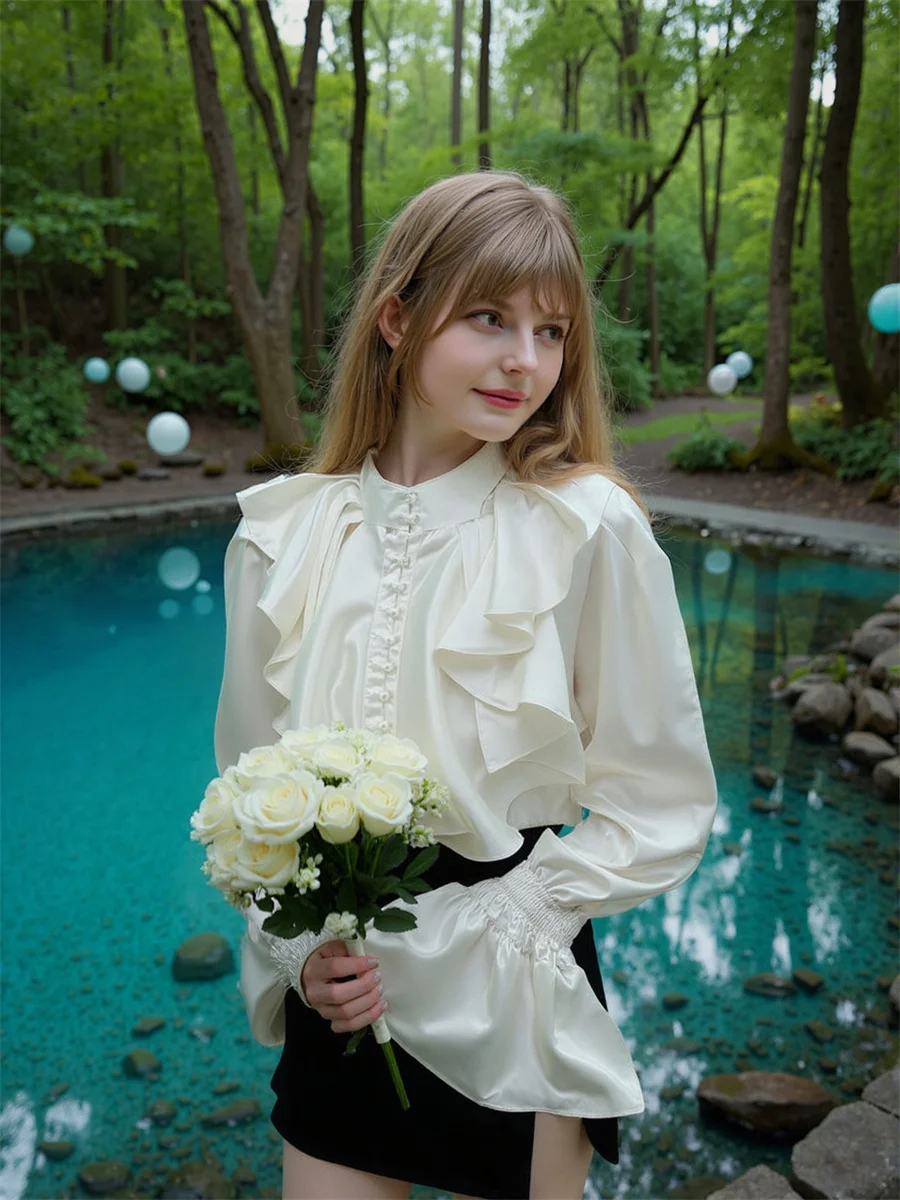 Koszule z rozszerzanymi rękawami w stylu vintage, długie bluzki damskie Y2K, tuniki damskie, letni uniform, ozdobne koraliki, dopasowany krój, beżowy, casual