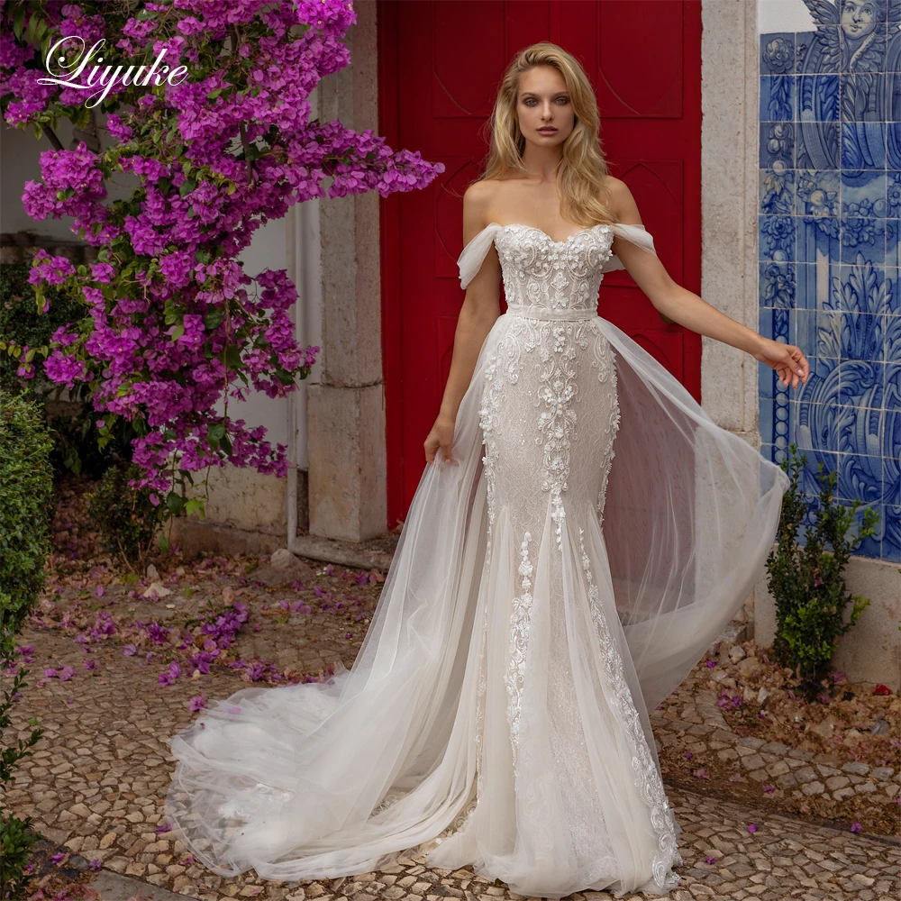 Liyuke Off Shoulder Sleeves Sweetheart Mermaid Wedding Dress With Beading 3D Flowers Embroidery Lace Trumpet Bridal Gowns