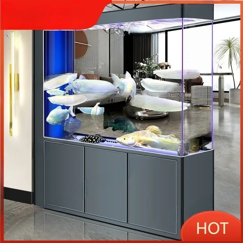 

Ультрапрозрачный аквариум с фильтром на дне, прямоугольный, с интегрированной перегородкой и входными экранами разного размера.