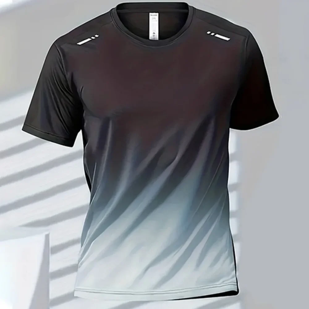 Men Gradient Color Quick Dry T‑Shirt Breathable Short Sleeve Athletic Tops Running Gym Fitness