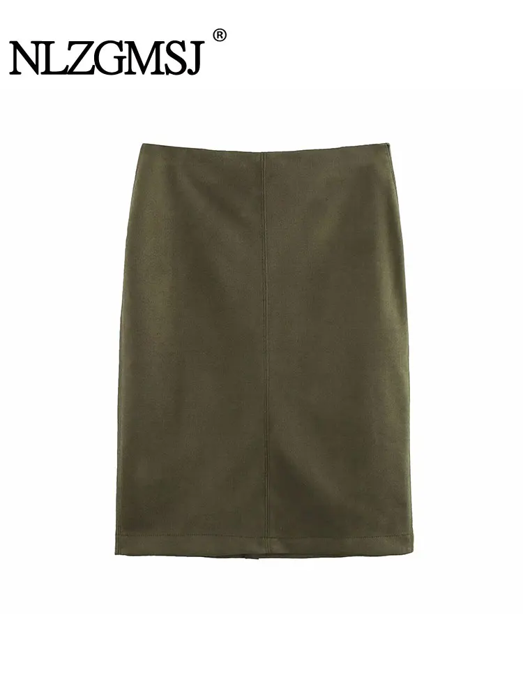 

2025 Spring Vintage Suede Textured Casual Chic Women Skirt Solid Zipper Long Straight Skirt New Fashion Skirt
