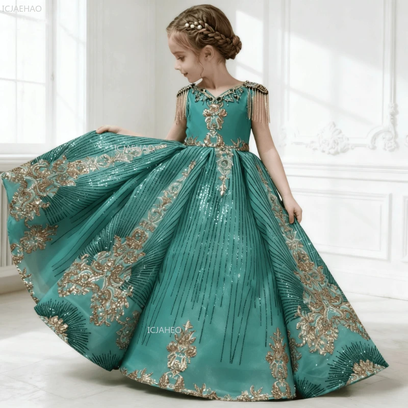 Green V Neck Embroidered Ball Gown Puffy Dress for Children Elegant Host Fashion Show Performance Pageant Formal Celebration