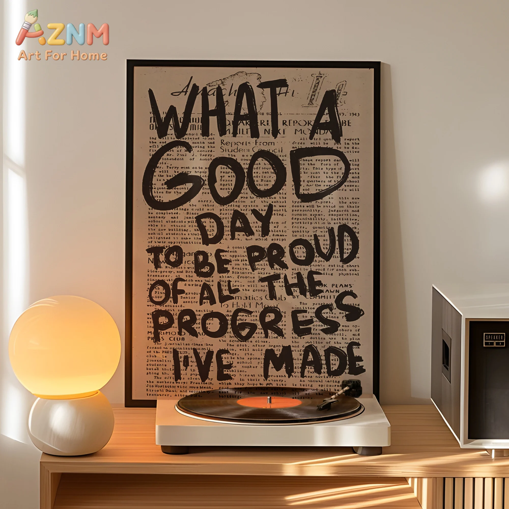 AZNM « Que jour idéal pour être fière » – Impression sur toile avec texte motivant, fond journal vintage, affirmation positive, sans cadre