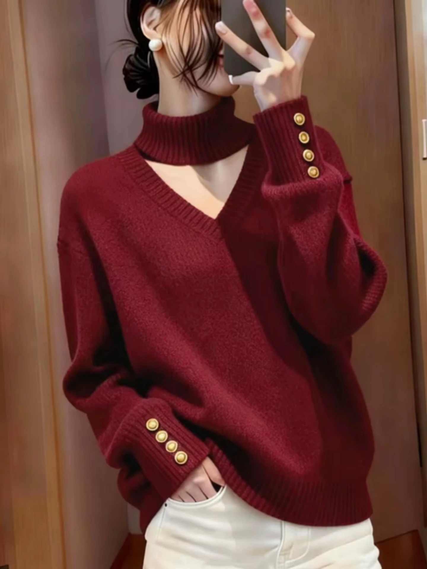 Women's V-Neck Knitted Sweater Half High Collar Neck Hanging Spring Autumn New Style plus Size Slimming Sensation Base Shirt
