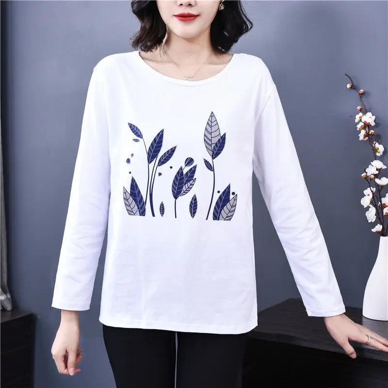 Casual O-Neck Pure Cotton Leaf Pattern Spliced Women\'s Clothing Spring Summer Bright Line Decoration T-Shirts Long Sleeve Tops