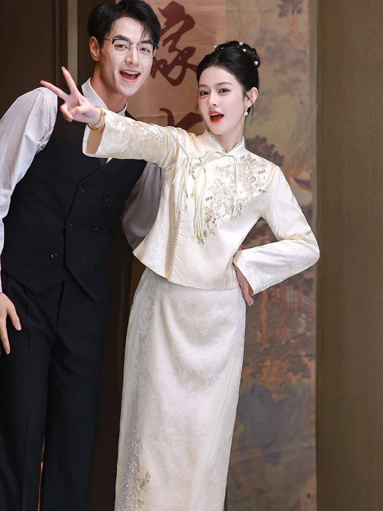 

Новое китайское свадебное платье цвета шампань для невесты, комплект для помолвки и свадьбы, для визита к родителям после свадьбы