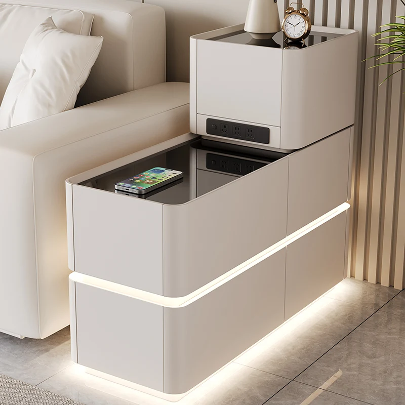 Smart Multifunctional LED Light Sofa Side Cabinet Panel Wood Coffee Tables for Living Room Restaurant Plug Included Furniture
