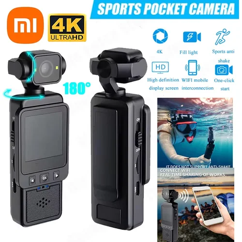 Cámara de bolsillo deportiva portátil Xiaomi 4K Pantalla HD 180 °   Grabadora de vídeo inalámbrica WiFi giratoria Cámara de movimiento con luz de relleno incorporada
