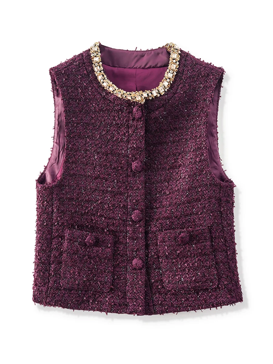 ZJYT Autumn Winter Luxury Diamonds Tweed Woolen Vest Jacket Women Vintage Tops Elegant Lady Single Breasted Vest Coats Female