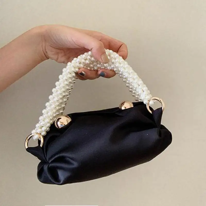 Light Luxury Fashion New Satin Silk Pearl Handle Women's Handbag High Sense Evening Dress Banquet Lipstick Cosmetics Storage Bag