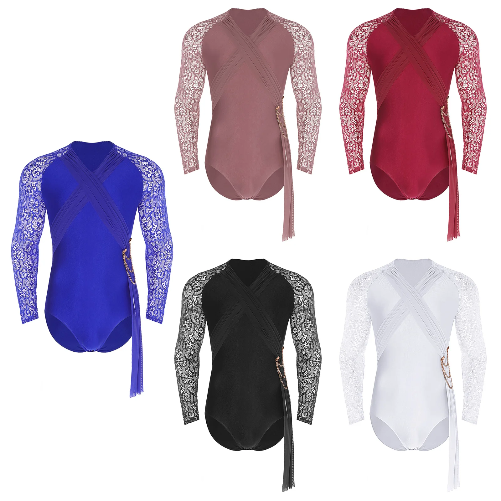 Herren Gymnastik Ballett Strumpfhosen Latin Dance Body Shirt Kostüm Sheer Floral Spitze Geraffte Mesh Kette Quaste Trikot Overall