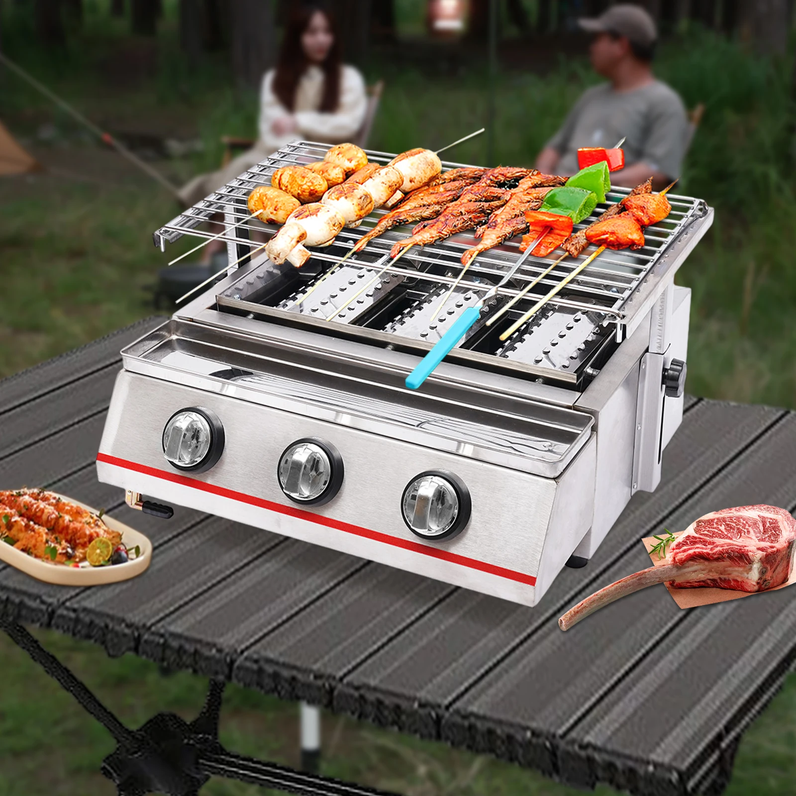 

3-Burner Commercial Gas LPG Grill for Outdoor BBQ, Family Parties and Snack Bars