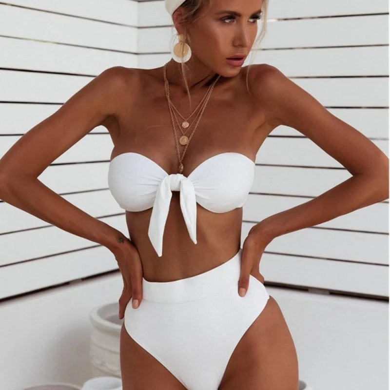 

Women's High Waist Split Bikini, Tube Top, Sunken Stripe Swimwear, Wholesale, New