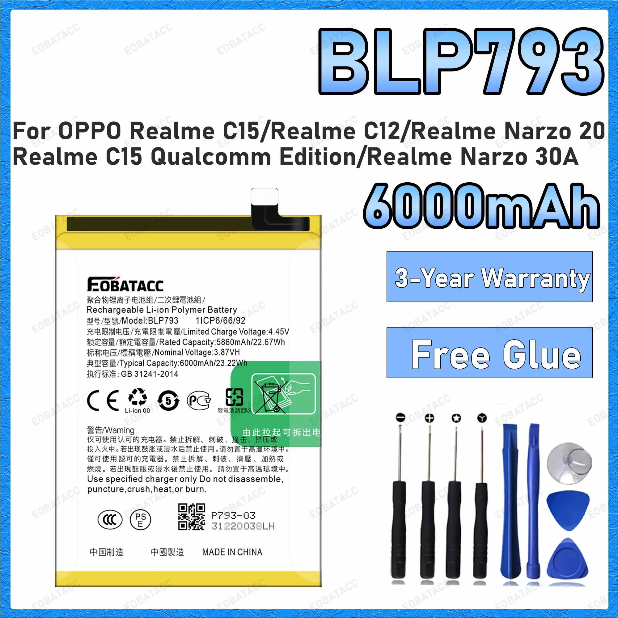 High Quality 6000mAh BLP793 Battery For OPPO Realme C15/Realme C12/Realme Narzo 20/Realme Narzo 30A Replacement Batteries+Free T