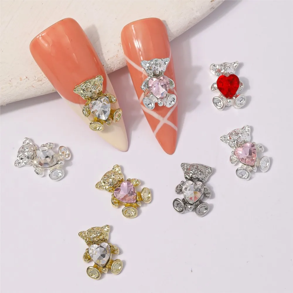 10pcs 3D Cute Gold Silver Alloy Bear Nail Charms Pink Love Heart Diamond Nail Gems 10*7mm Flatback Metal Bear Nail Art Supplies